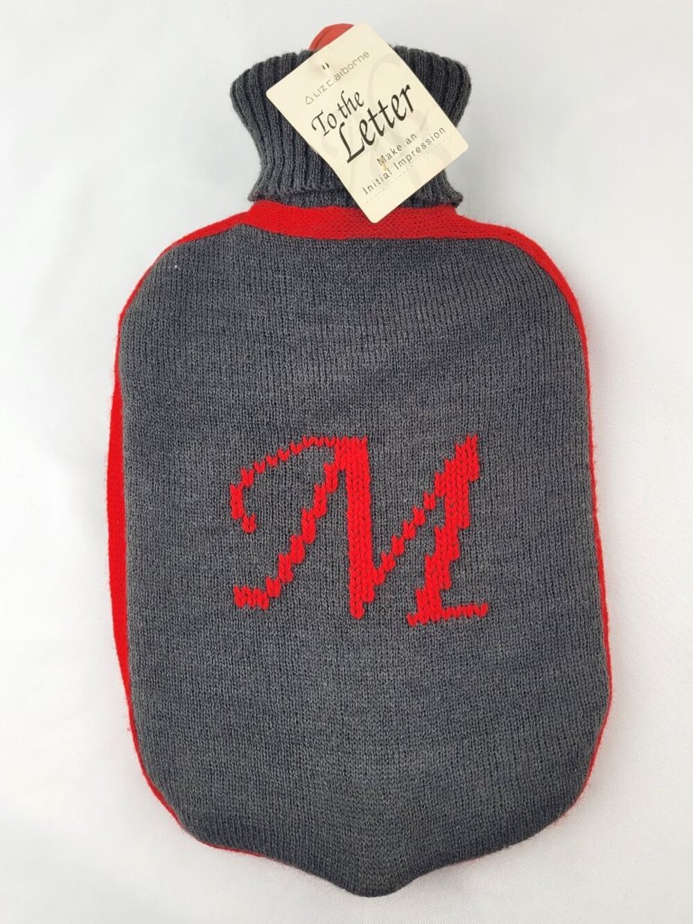Liz Claiborne Hot Water Bottle Screw Lid Knitted Cover Monogram M Grey Red